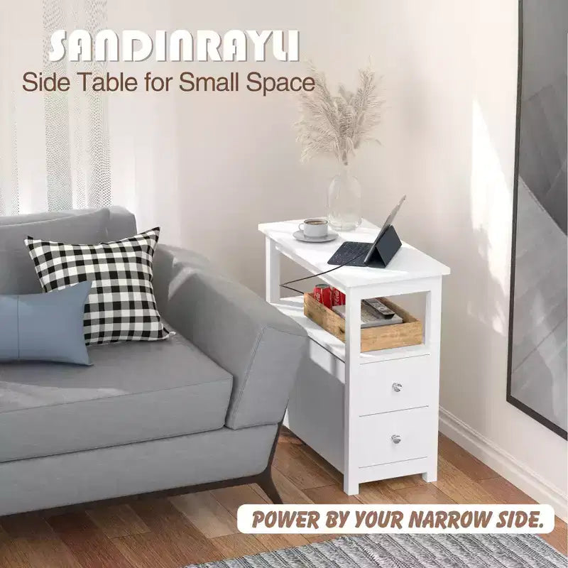 Lot de 2 tables d'appoint à 3 niveaux, table de chevet/bout de canapé étroite avec 2 tiroirs et 1 étagère ouverte, meuble de rangement pour petits espaces