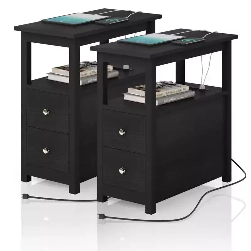 Set of 2, 3-Tier Side Table Slim Sofa End Table with 2 Drawers and 1 Open Shelf Narrow Space Nightstand Cabinet