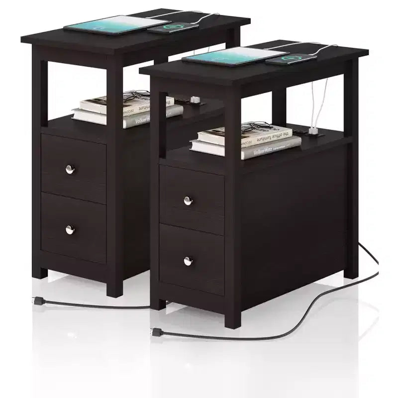Lot de 2 tables d'appoint à 3 niveaux, table de chevet/bout de canapé étroite avec 2 tiroirs et 1 étagère ouverte, meuble de rangement pour petits espaces