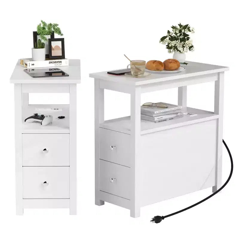 Lot de 2 tables d'appoint à 3 niveaux, table de chevet/bout de canapé étroite avec 2 tiroirs et 1 étagère ouverte, meuble de rangement pour petits espaces