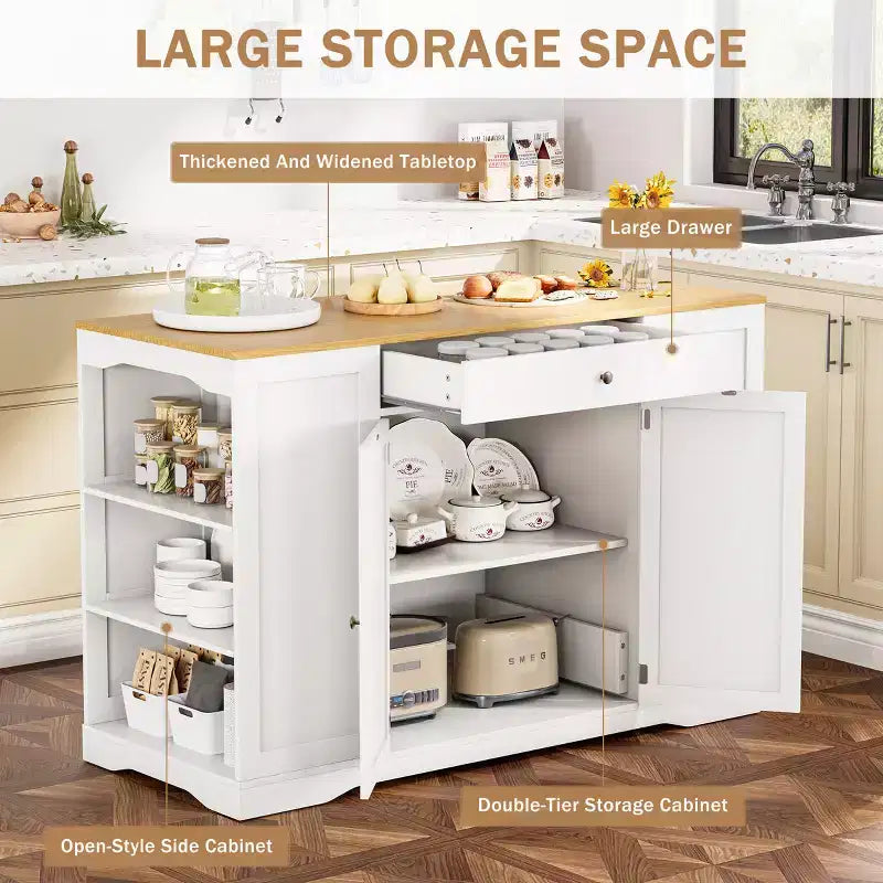 53 chariot d'îlot de cuisine mobile, îlots de rangement de cuisine avec armoire à poubelle, étagère à épices, porte-serviettes et tiroirs