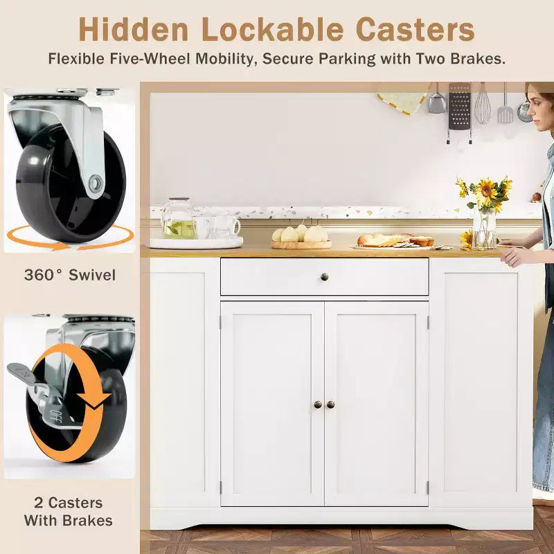 53 chariot d'îlot de cuisine mobile, îlots de rangement de cuisine avec armoire à poubelle, étagère à épices, porte-serviettes et tiroirs