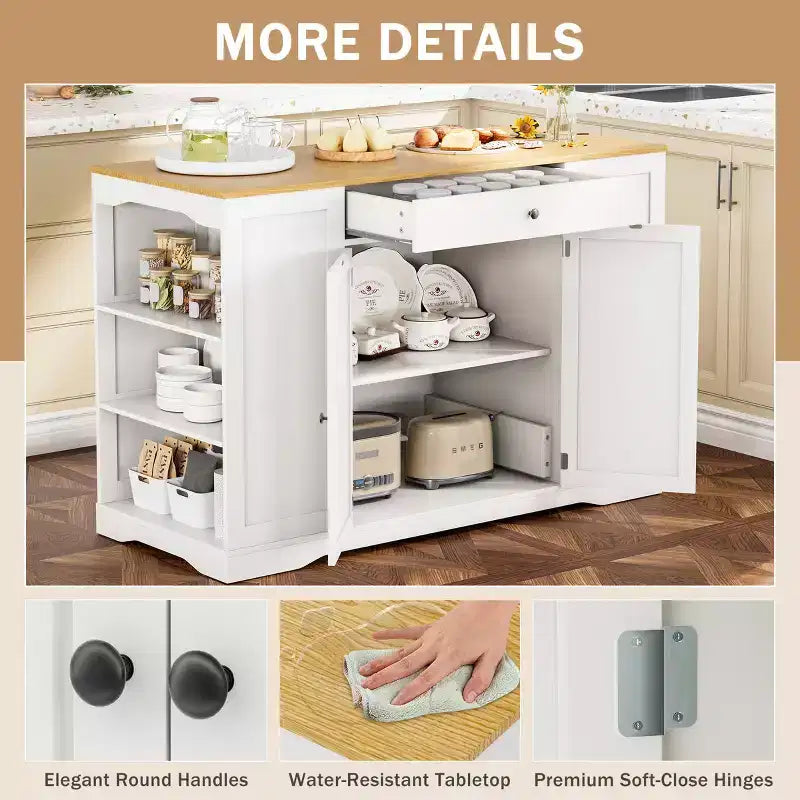 53 chariot d'îlot de cuisine mobile, îlots de rangement de cuisine avec armoire à poubelle, étagère à épices, porte-serviettes et tiroirs