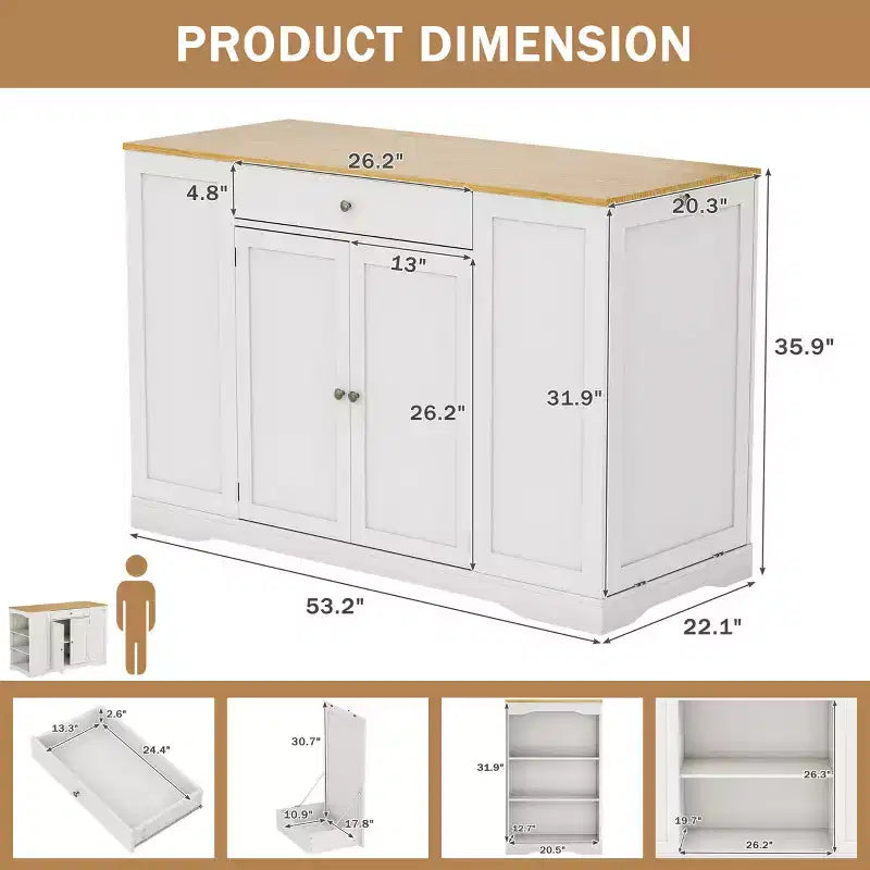 53 chariot d'îlot de cuisine mobile, îlots de rangement de cuisine avec armoire à poubelle, étagère à épices, porte-serviettes et tiroirs
