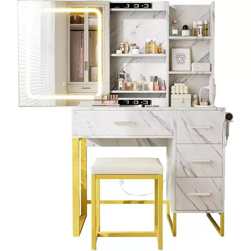 Grande coiffeuse de 57 pouces avec miroir et lumières, table de maquillage avec station de charge, 3 modes d'éclairage, coiffeuse élégante avec 4 tiroirs et étagères