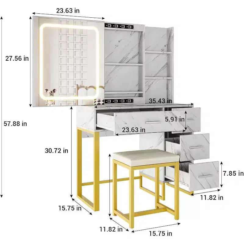 Grande coiffeuse de 57 pouces avec miroir et lumières, table de maquillage avec station de charge, 3 modes d'éclairage, coiffeuse élégante avec 4 tiroirs et étagères