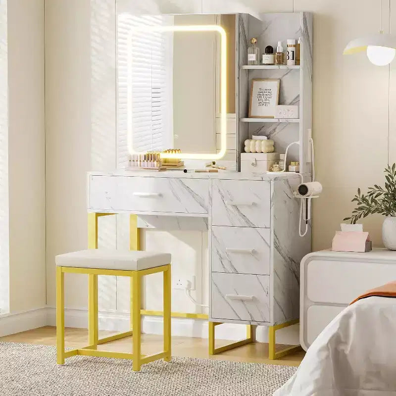 Grande coiffeuse de 57 pouces avec miroir et lumières, table de maquillage avec station de charge, 3 modes d'éclairage, coiffeuse élégante avec 4 tiroirs et étagères