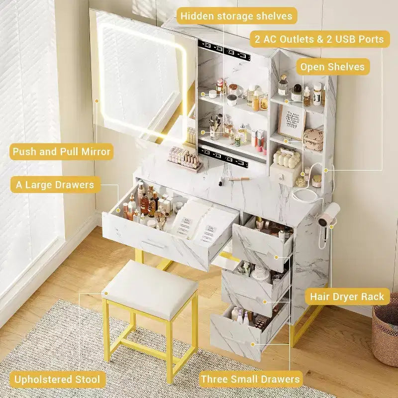 Grande coiffeuse de 57 pouces avec miroir et lumières, table de maquillage avec station de charge, 3 modes d'éclairage, coiffeuse élégante avec 4 tiroirs et étagères