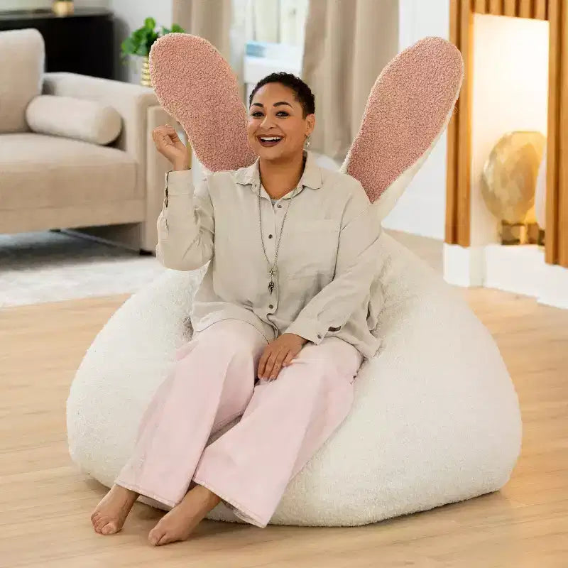 Grand pouf poire ovale en forme de lapin avec oreilles