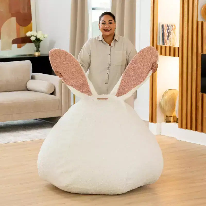 Grand pouf poire ovale en forme de lapin avec oreilles