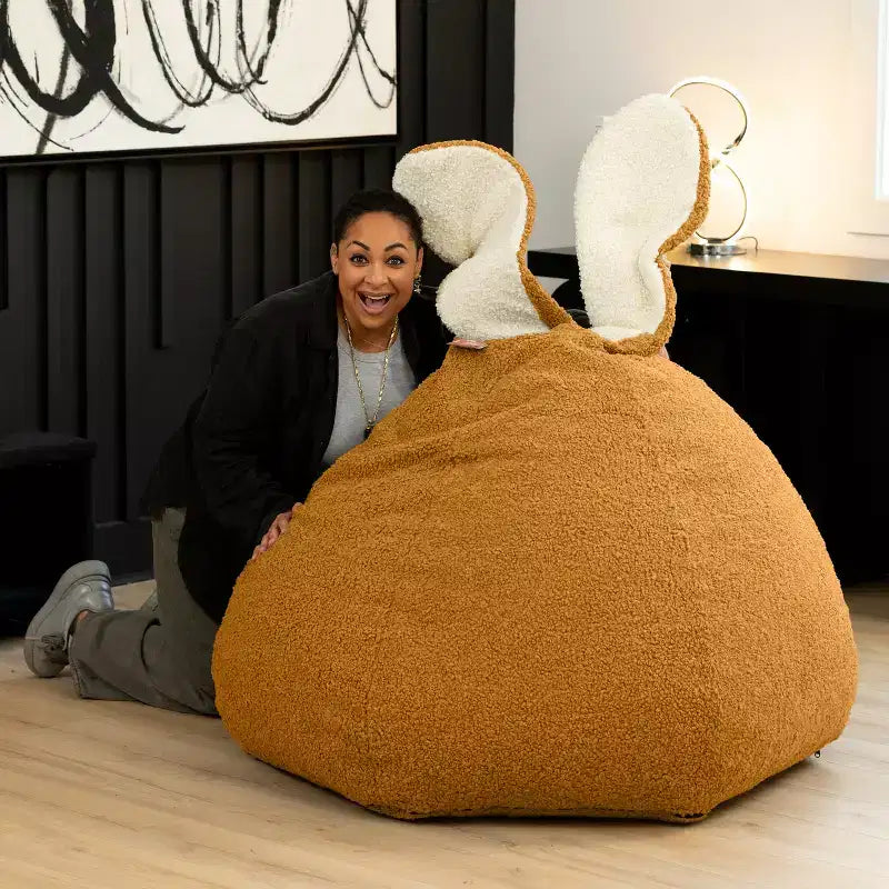 Grand pouf poire ovale en forme de lapin avec oreilles