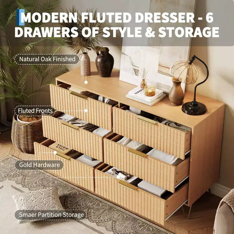 Commode moderne en bois avec 6 tiroirs cannelés, grand meuble de rangement