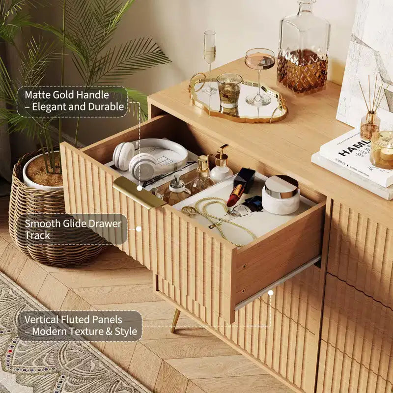 Commode moderne en bois avec 6 tiroirs cannelés, grand meuble de rangement