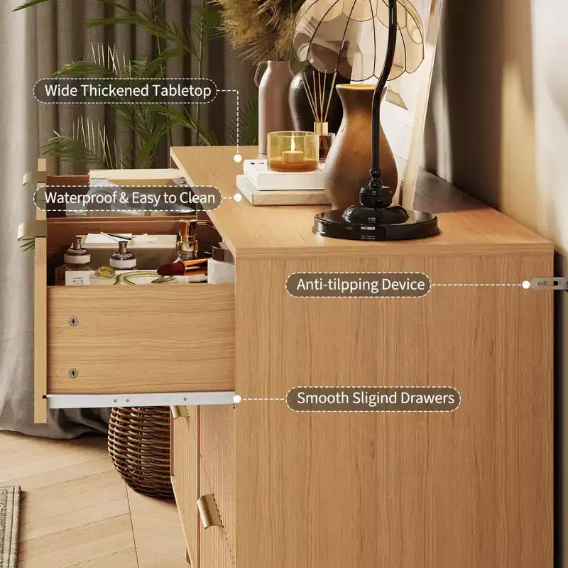 Commode moderne en bois avec 6 tiroirs cannelés, grand meuble de rangement