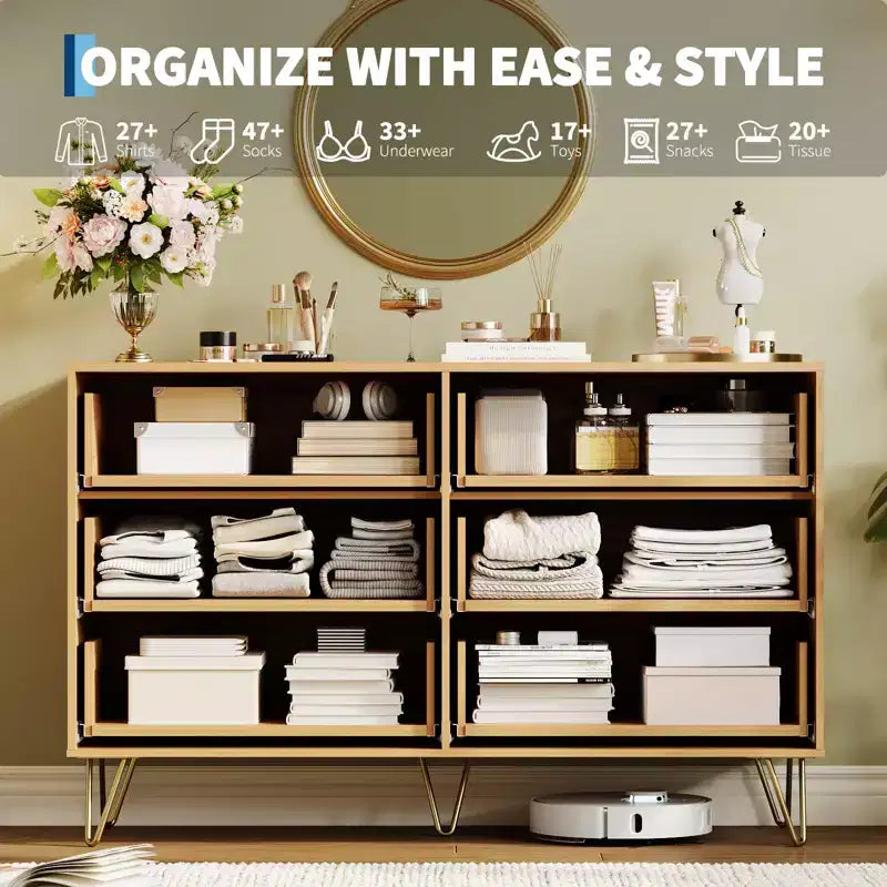 Commode moderne en bois avec 6 tiroirs cannelés, grand meuble de rangement