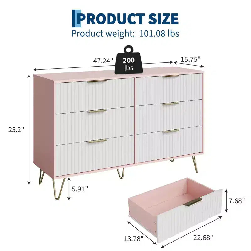 Commode moderne en bois avec 6 tiroirs cannelés, grand meuble de rangement
