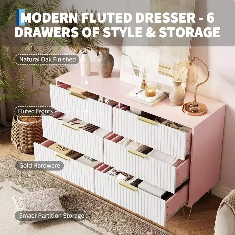 Commode moderne en bois avec 6 tiroirs cannelés, grand meuble de rangement