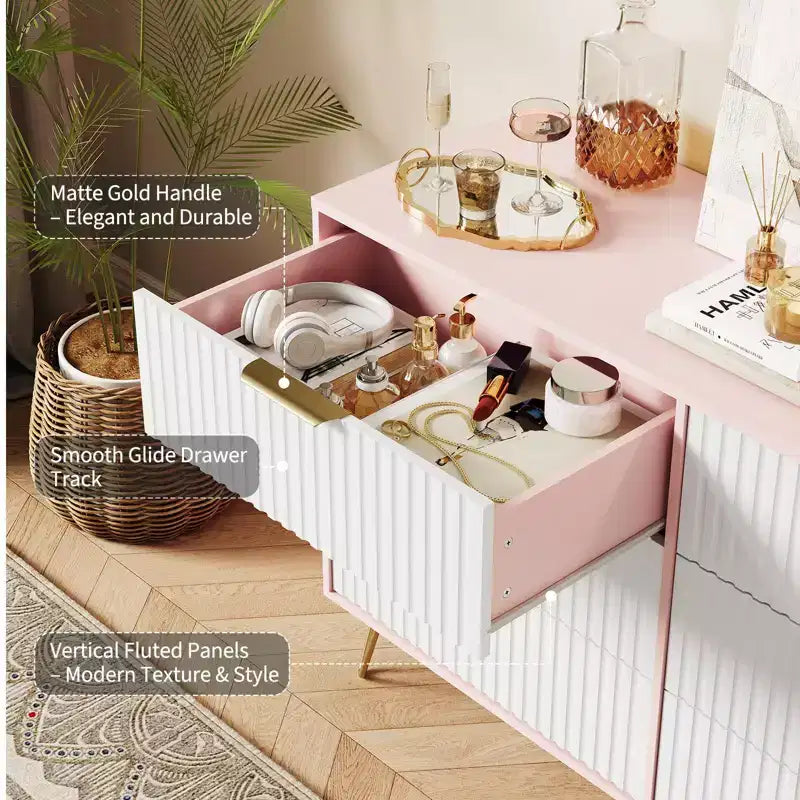 Commode moderne en bois avec 6 tiroirs cannelés, grand meuble de rangement