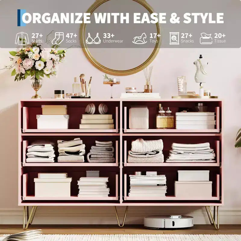 Commode moderne en bois avec 6 tiroirs cannelés, grand meuble de rangement