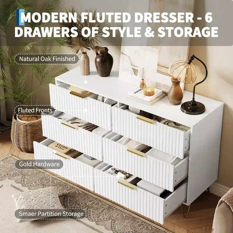 Commode moderne en bois avec 6 tiroirs cannelés, grand meuble de rangement