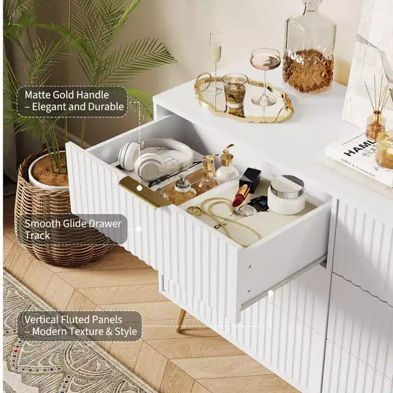 Commode moderne en bois avec 6 tiroirs cannelés, grand meuble de rangement