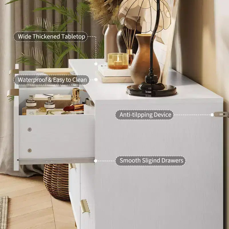 Commode moderne en bois avec 6 tiroirs cannelés, grand meuble de rangement