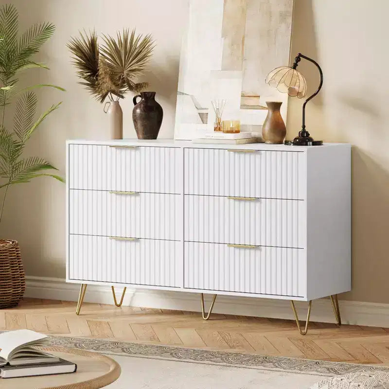 Commode moderne en bois avec 6 tiroirs cannelés, grand meuble de rangement