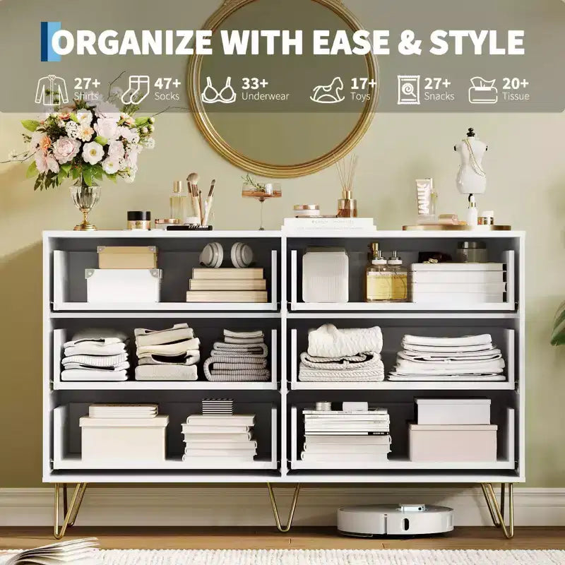 Commode moderne en bois avec 6 tiroirs cannelés, grand meuble de rangement