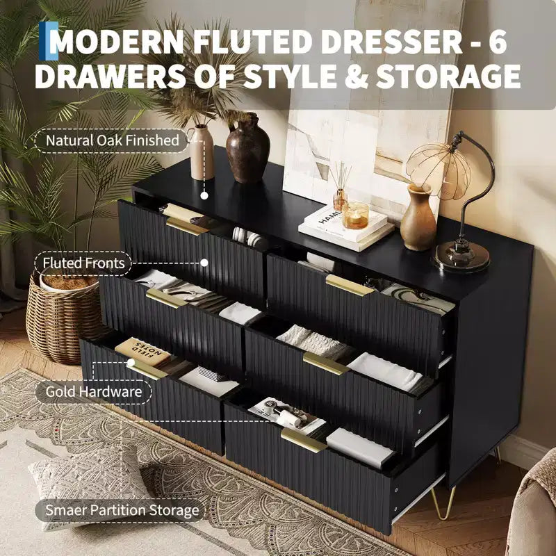 Commode moderne en bois avec 6 tiroirs cannelés, grand meuble de rangement