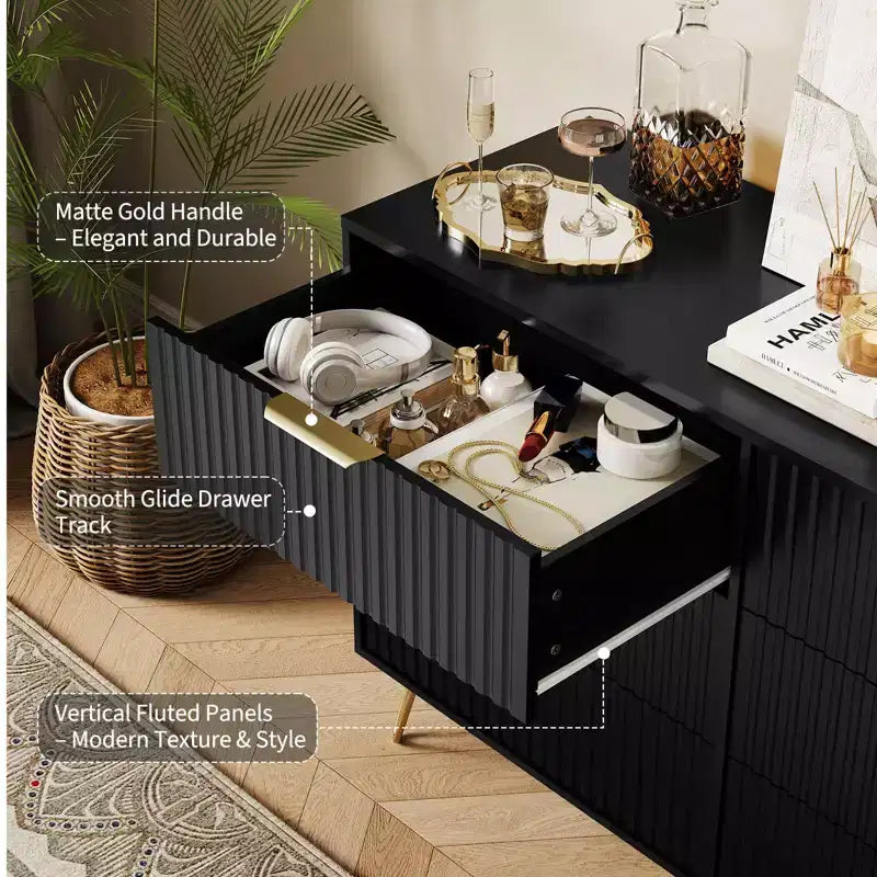 Commode moderne en bois avec 6 tiroirs cannelés, grand meuble de rangement