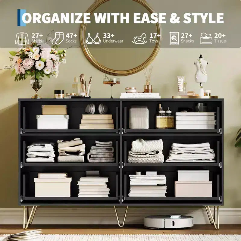 Commode moderne en bois avec 6 tiroirs cannelés, grand meuble de rangement