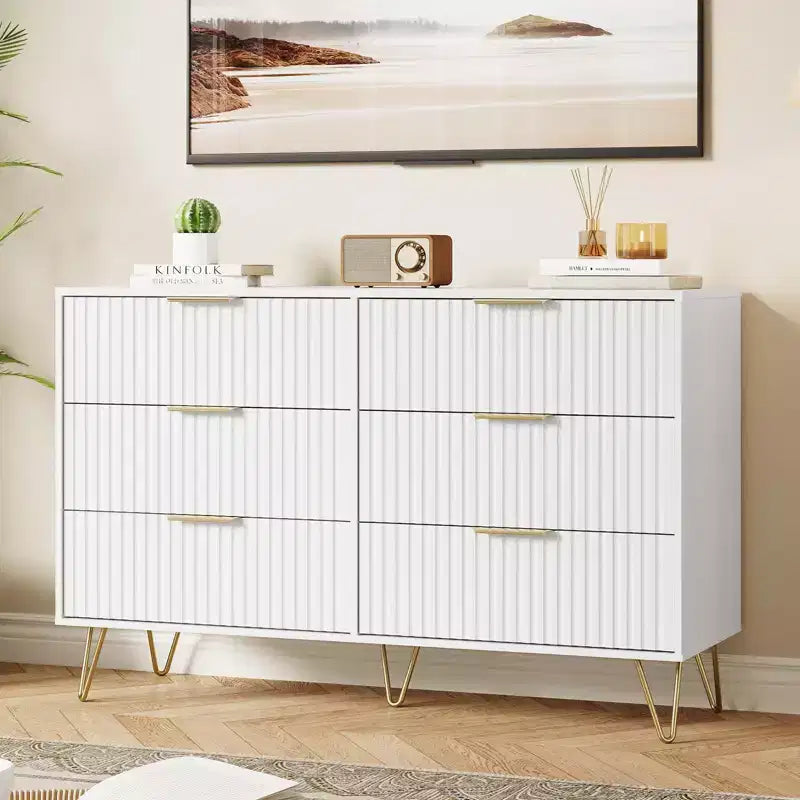 Commode moderne en bois avec 6 tiroirs cannelés, grand meuble de rangement