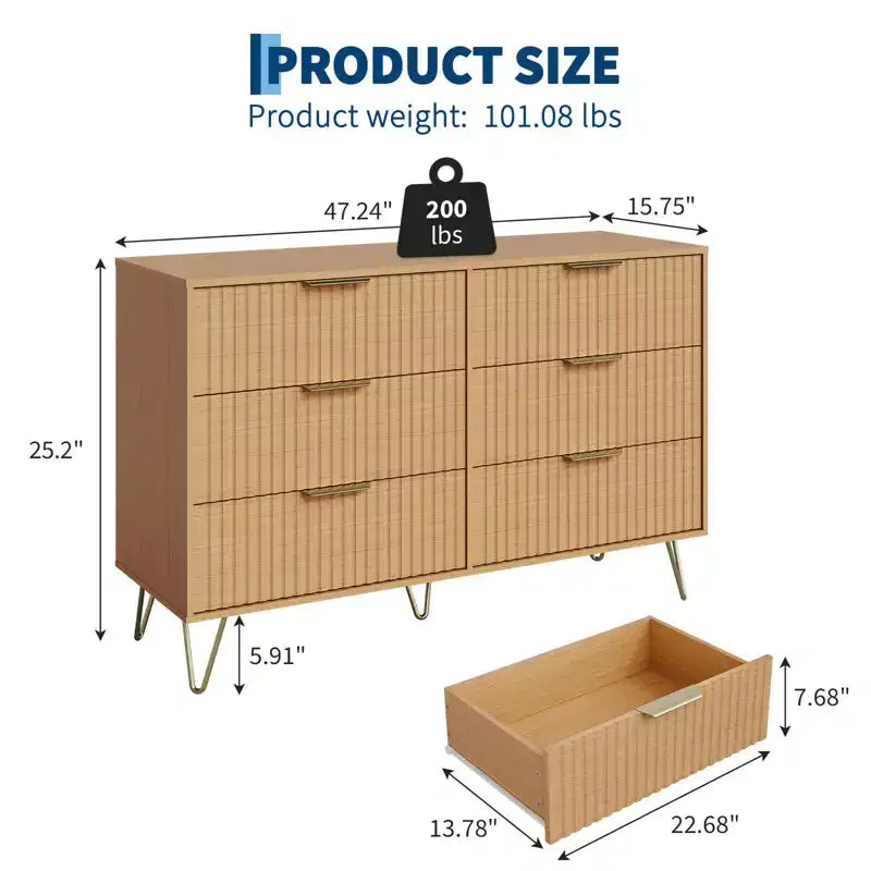 Commode moderne en bois avec 6 tiroirs cannelés, grand meuble de rangement