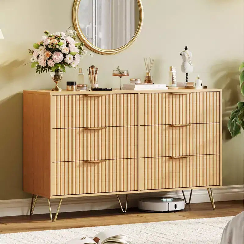 Commode moderne en bois avec 6 tiroirs cannelés, grand meuble de rangement