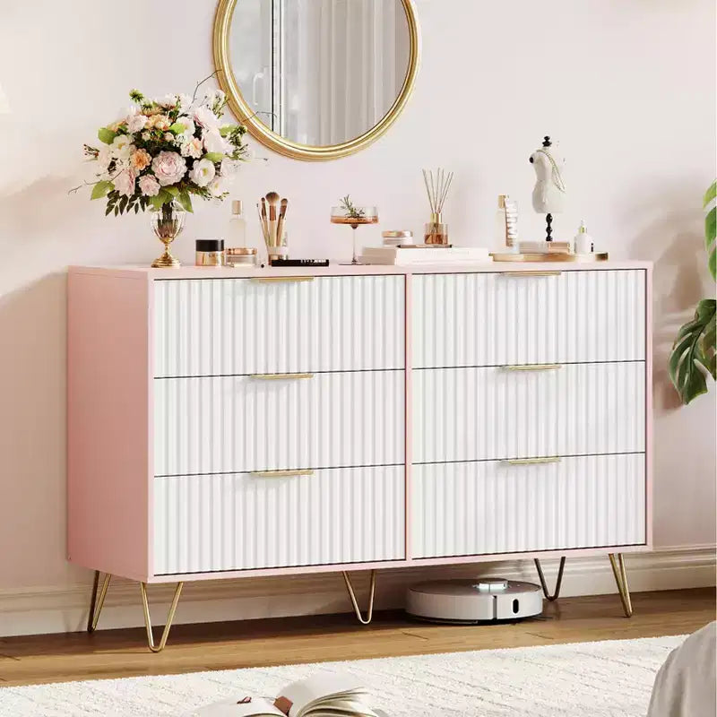 Commode moderne en bois avec 6 tiroirs cannelés, grand meuble de rangement