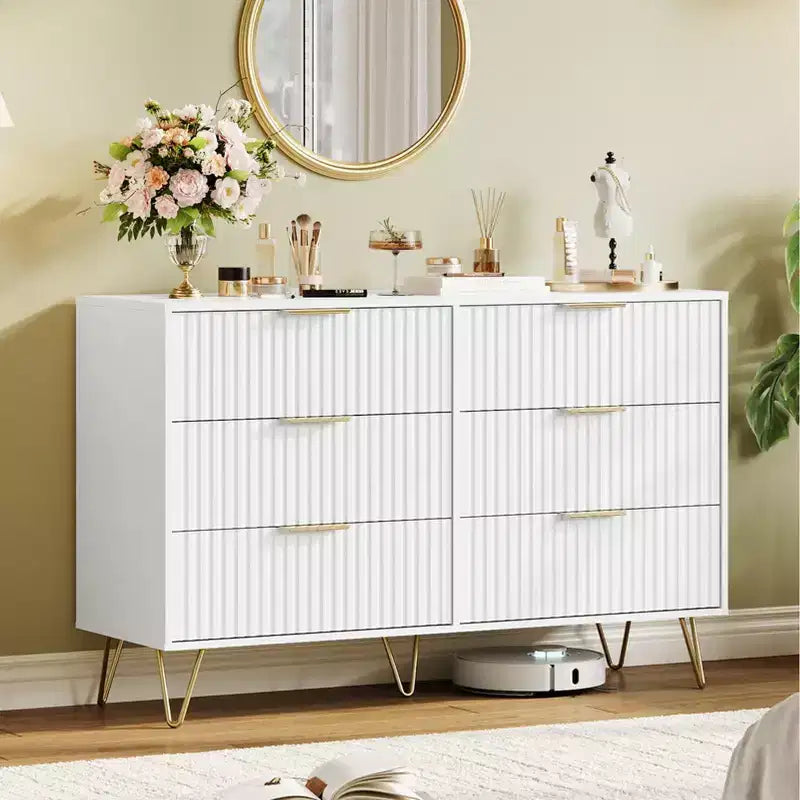 Commode moderne en bois avec 6 tiroirs cannelés, grand meuble de rangement
