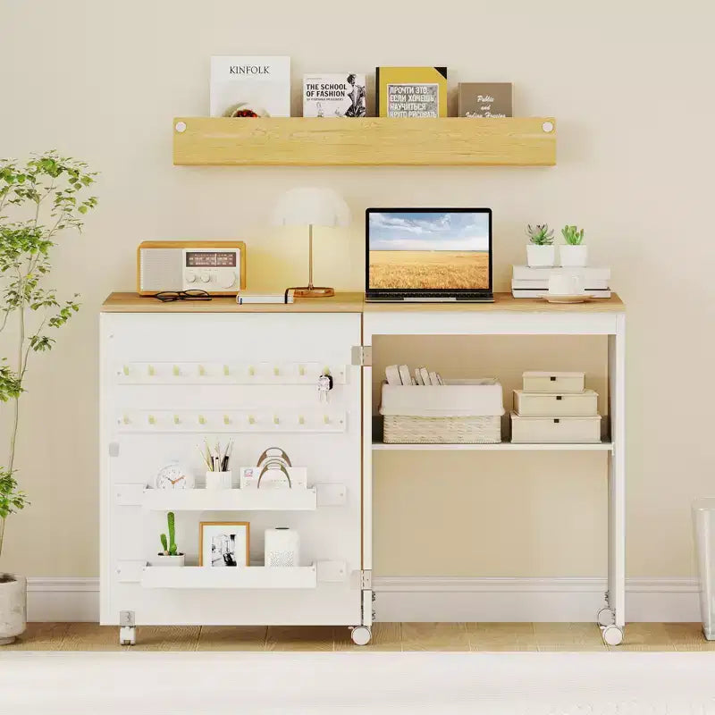 Table de couture pliante avec étagère de rangement au design compact, 2 plateaux et 18 chevilles