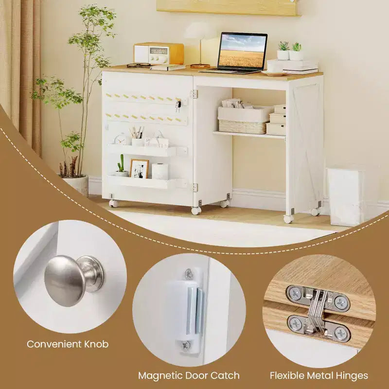 Table de couture pliante avec étagère de rangement au design compact, 2 plateaux et 18 chevilles