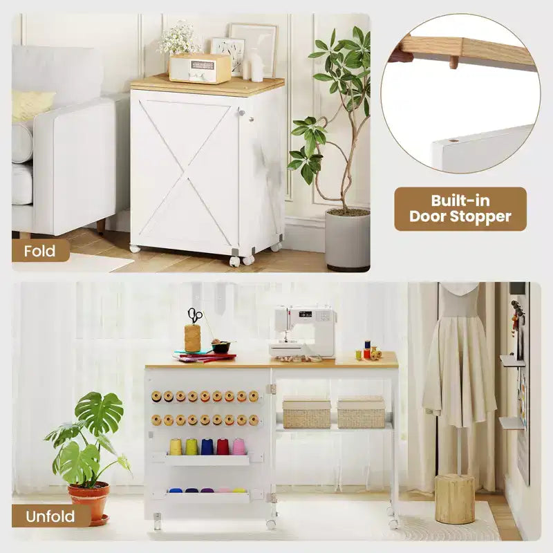 Table de couture pliante avec étagère de rangement au design compact, 2 plateaux et 18 chevilles