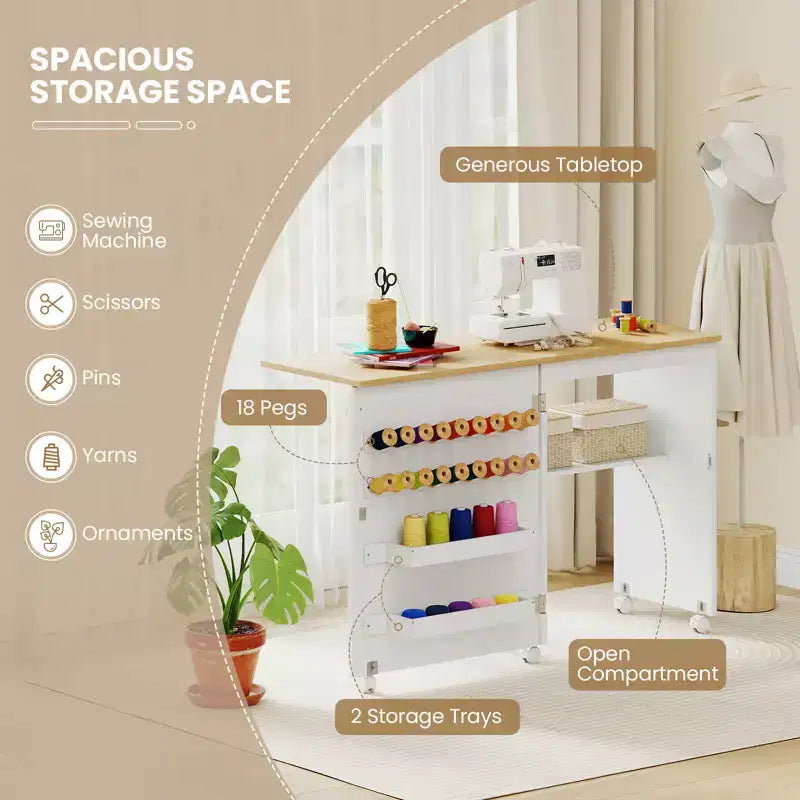 Table de couture pliante avec étagère de rangement au design compact, 2 plateaux et 18 chevilles