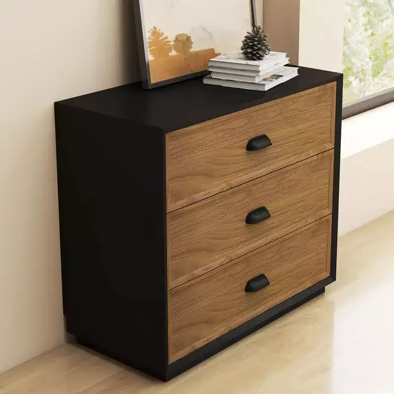 31.49 Commode verticale moderne à 4 tiroirs bicolore noyer et noir avec poignées en métal