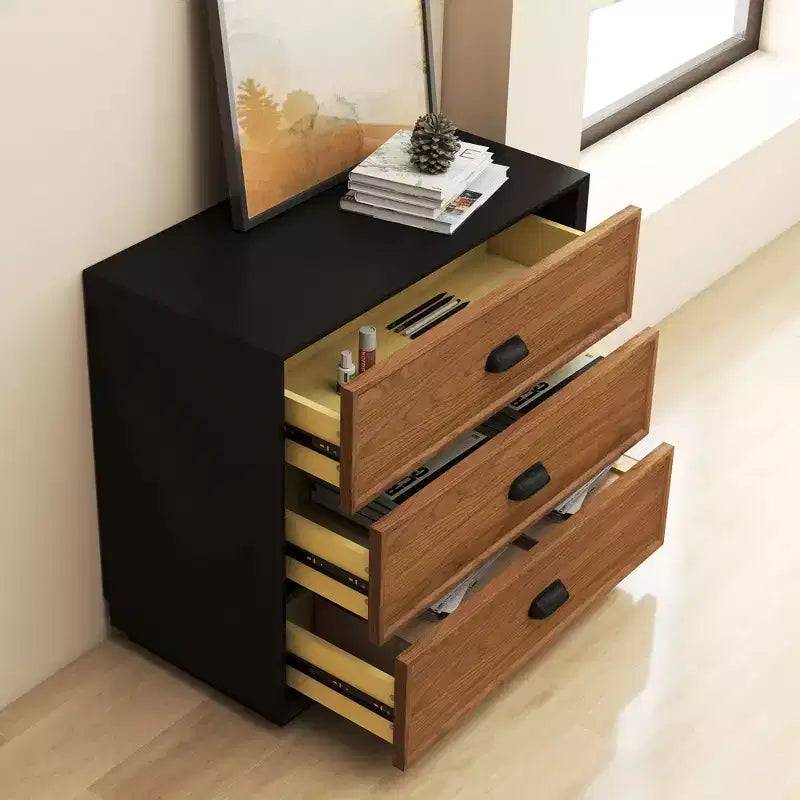 31.49 Commode verticale moderne à 4 tiroirs bicolore noyer et noir avec poignées en métal