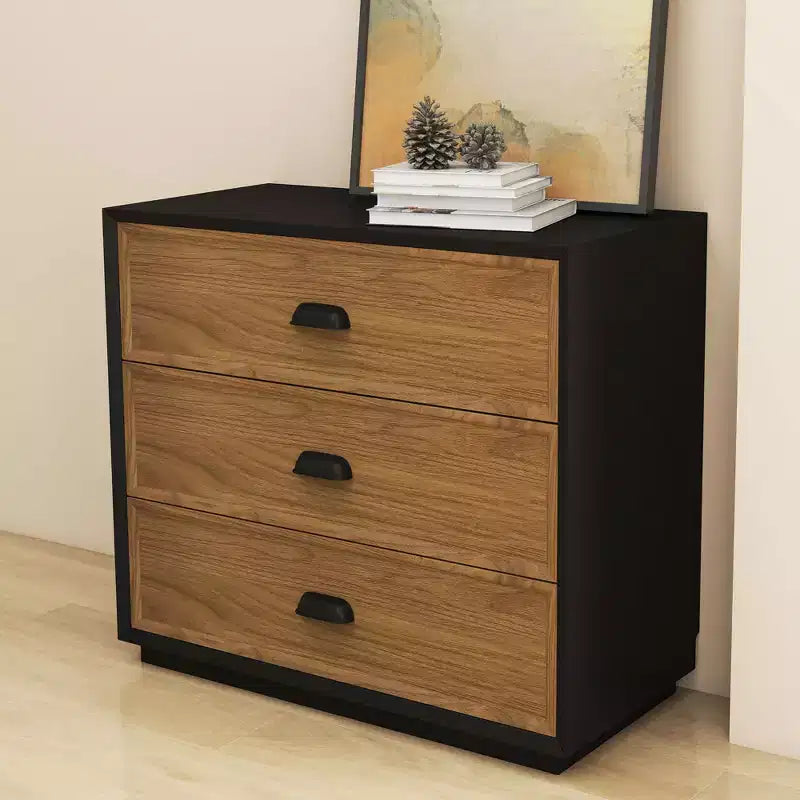 31.49 Commode verticale moderne à 4 tiroirs bicolore noyer et noir avec poignées en métal