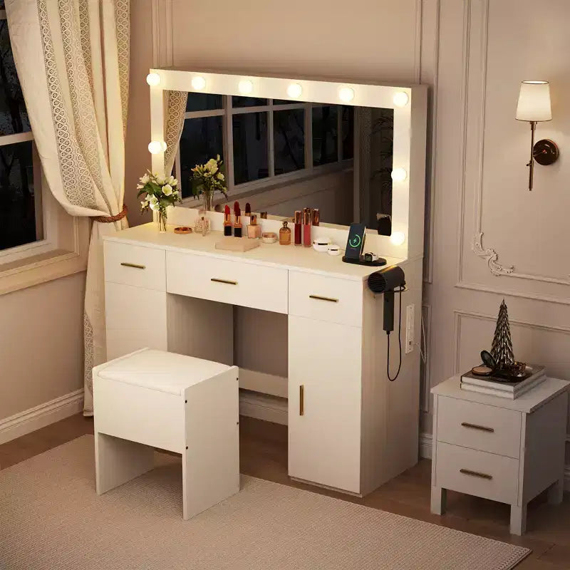 Coiffeuse de Maquillage avec Miroir, Table de Maquillage Moderne Blanche avec Tiroirs et Tabouret de Rangement, pour Chambre et Appartement