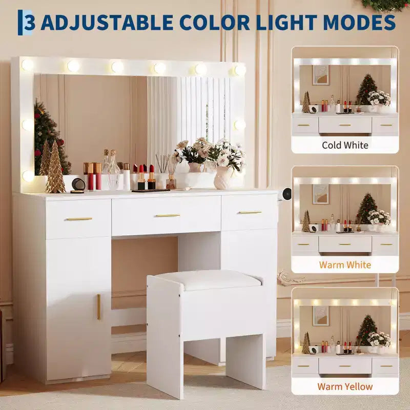 Coiffeuse de Maquillage avec Miroir, Table de Maquillage Moderne Blanche avec Tiroirs et Tabouret de Rangement, pour Chambre et Appartement