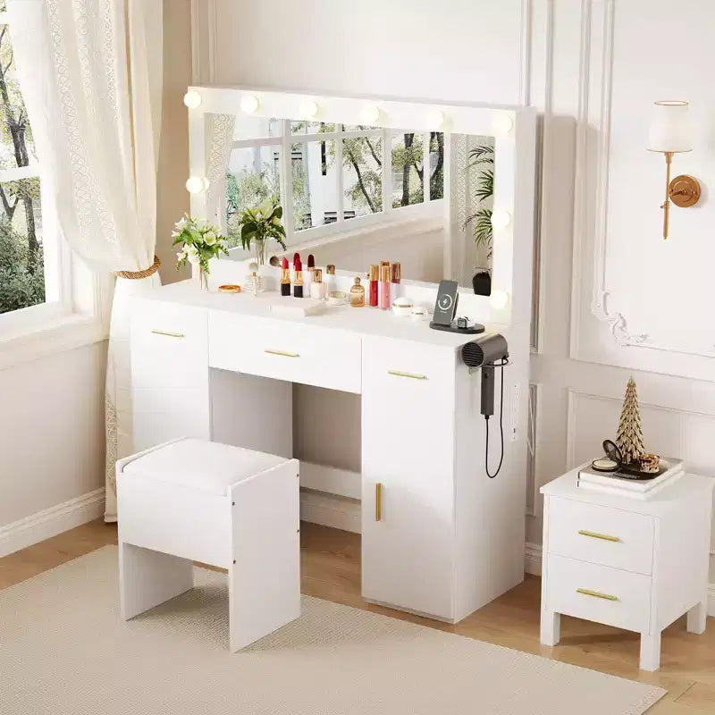 Coiffeuse de Maquillage avec Miroir, Table de Maquillage Moderne Blanche avec Tiroirs et Tabouret de Rangement, pour Chambre et Appartement