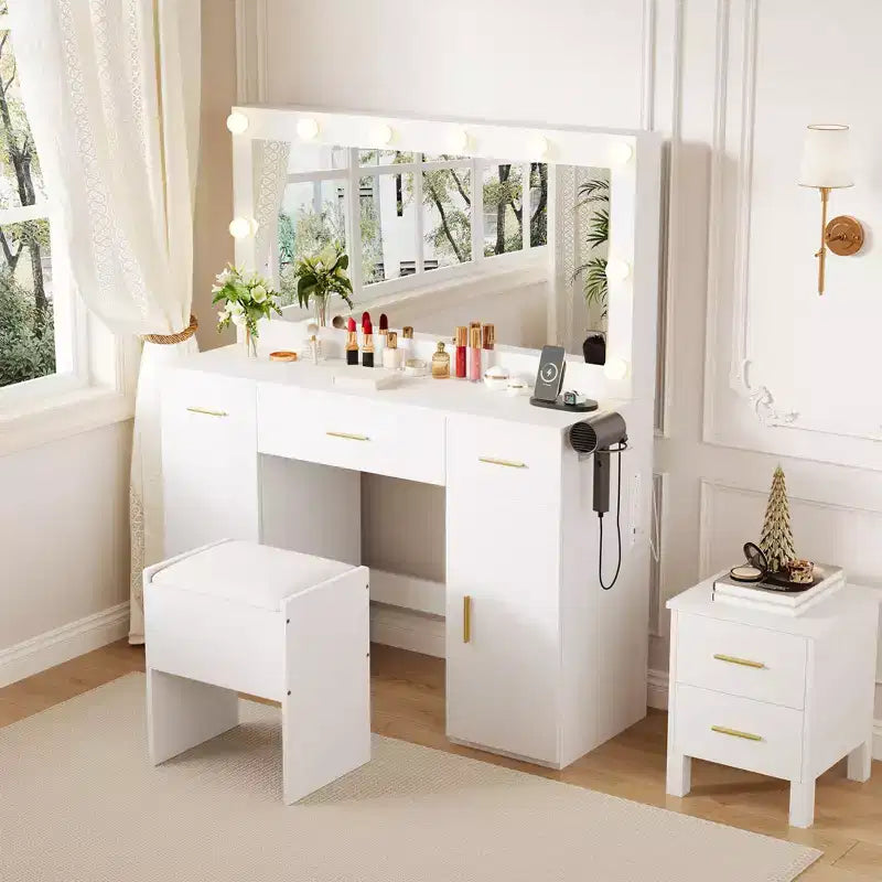 Coiffeuse de Maquillage avec Miroir, Table de Maquillage Moderne Blanche avec Tiroirs et Tabouret de Rangement, pour Chambre et Appartement