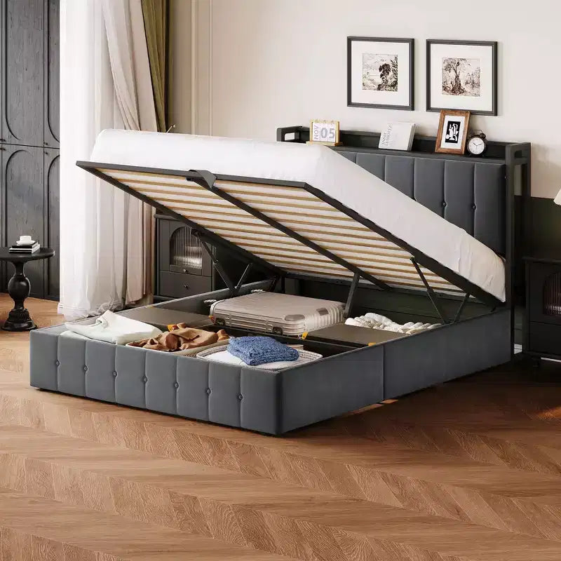 Cadre de lit avec rangement relevable, tête de lit tapissée en velours