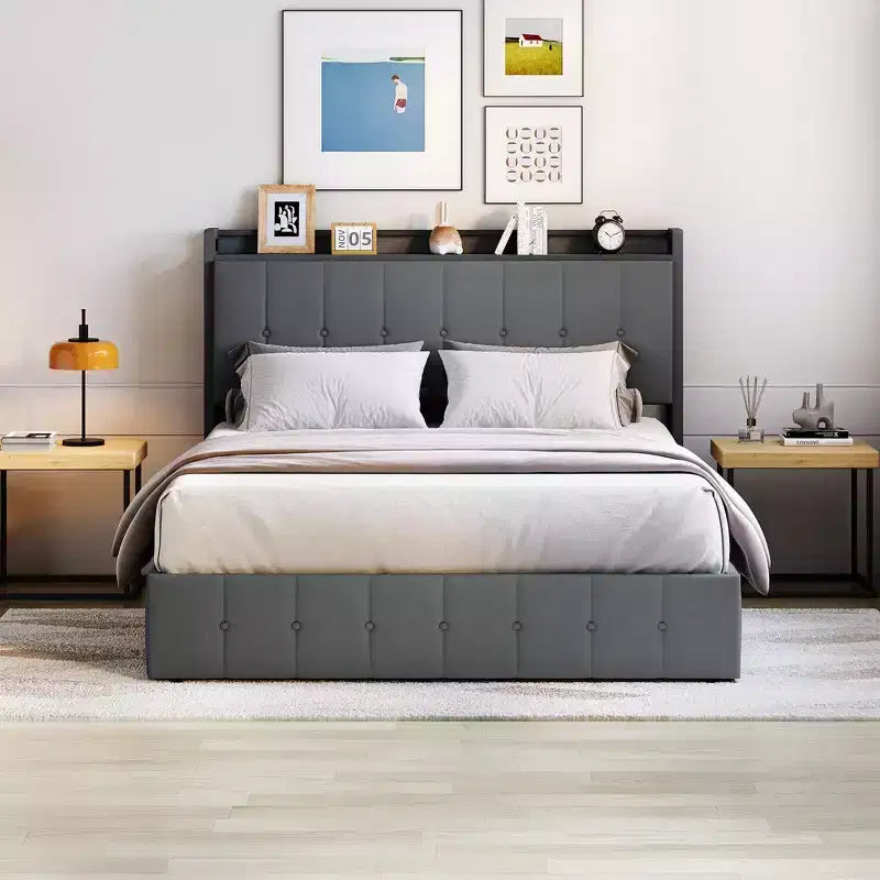 Cadre de lit avec rangement relevable, tête de lit tapissée en velours