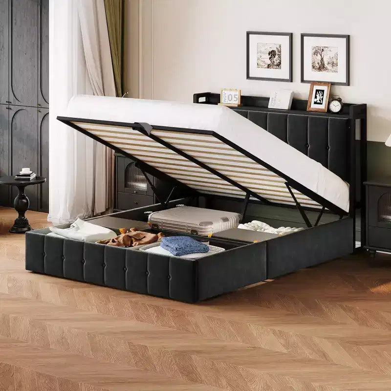 Cadre de lit avec rangement relevable, tête de lit tapissée en velours